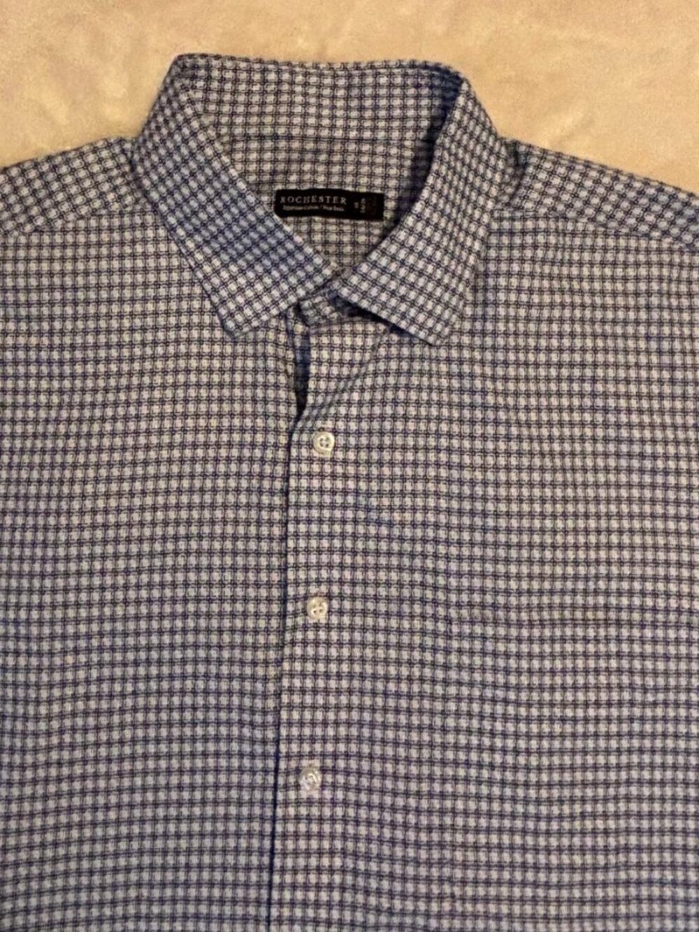 Rochester Egyptian Cotton Non Iron Shirt Men 18 34/35 Blue Geometric Dress Shirt